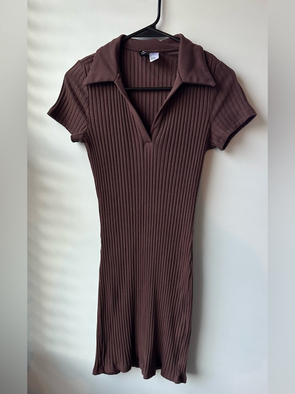 H&M Brown Ribbed Polo-Collar Midi Dress